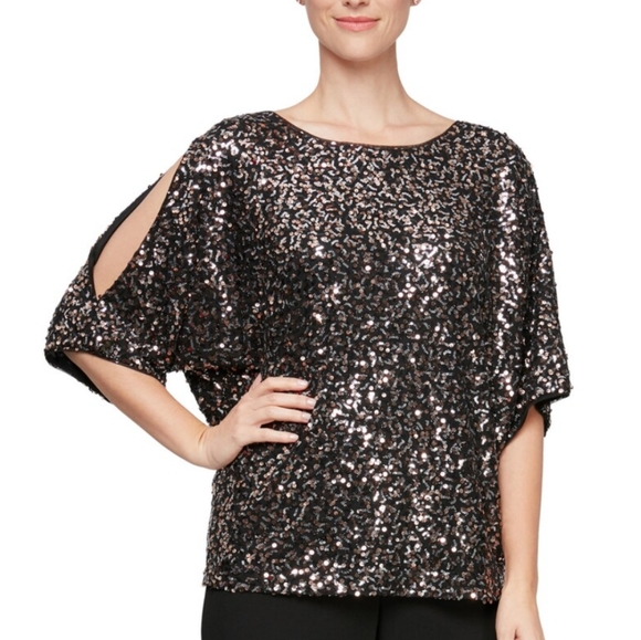 Alex Evenings Women's Sequin Popover Top Black Size 1X